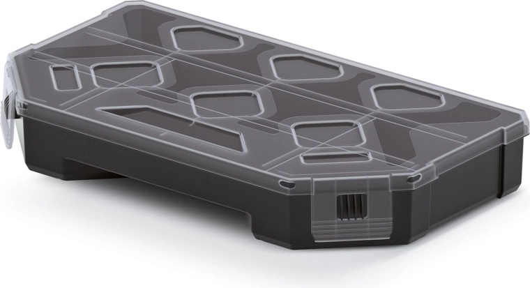 Választható rekeszekkel ellátott rendező 243 × 142 × 40 mm, fekete átlátszó fedéllel