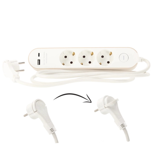 Hosszabbító túlfeszültségvédős elosztó kapcsolóval, 3 Schuko aljzat és 2 USB (USB-A + USB-C), 1,5 m, fehér