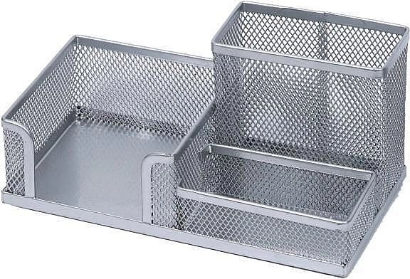 Fém asztali rendszerező ceruzatartóval és jegyzettömb-kockával, ezüst