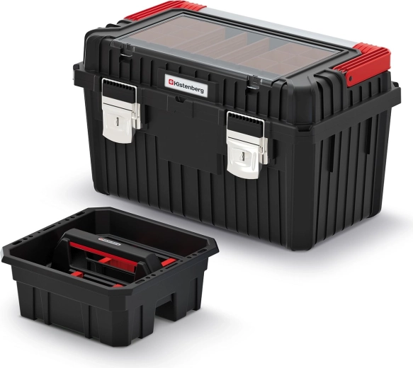 Heavy szerszámos láda fém fogantyúval és zárakkal, 585 × 360 × 337 mm, fekete