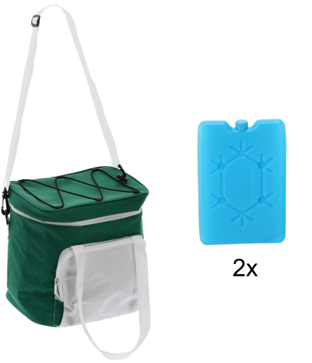 14 l-es zöld–fehér hűtőtáska két hűtőbetéttel