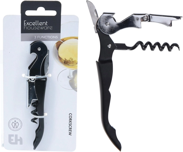 Felszolgálói 3 az 1-ben fém palacknyitó, fekete