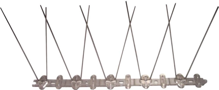 Galambriasztó tüskesor, 25 × 11 cm, műanyag és rozsdamentes acél, 10 tüske