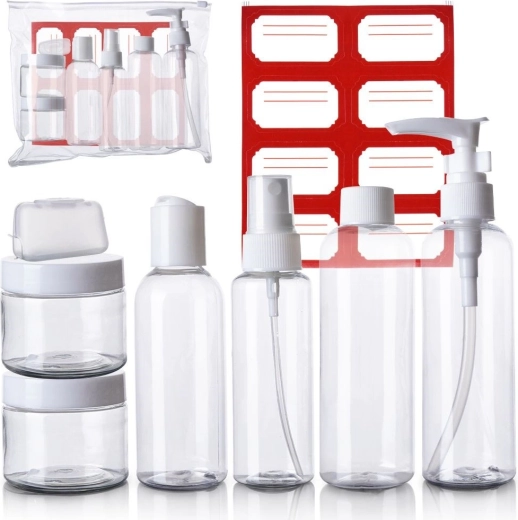 Utazó kozmetikai flakonok és tégelyek repülőre tokban, 8 darabos készlet