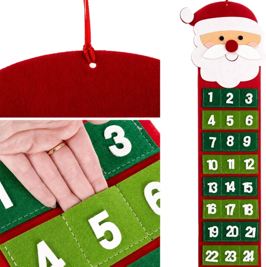 Függő filc adventi naptár Mikulással, 24 zsebbel, 65 cm