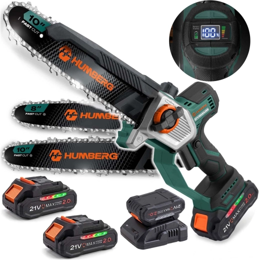 Humberg HM-437 akkumulátoros mini láncfűrész 10" és 8" vezetőlemezzel (2× 21 V 2,0 Ah)