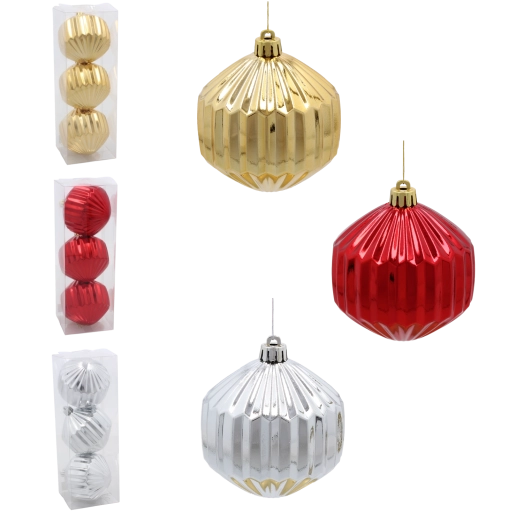Karácsonyi gömbszett 8 cm – piros, arany és ezüst, fényes bordázott díszek (3 db)
