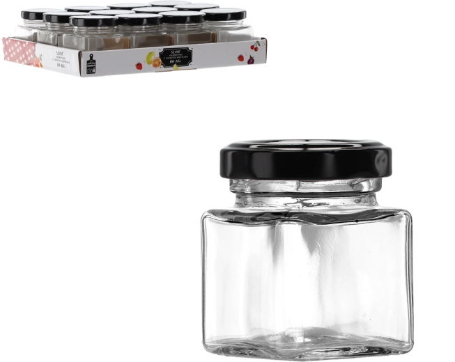 80 ml-es, négyzet alakú üvegcse fém fedéllel
