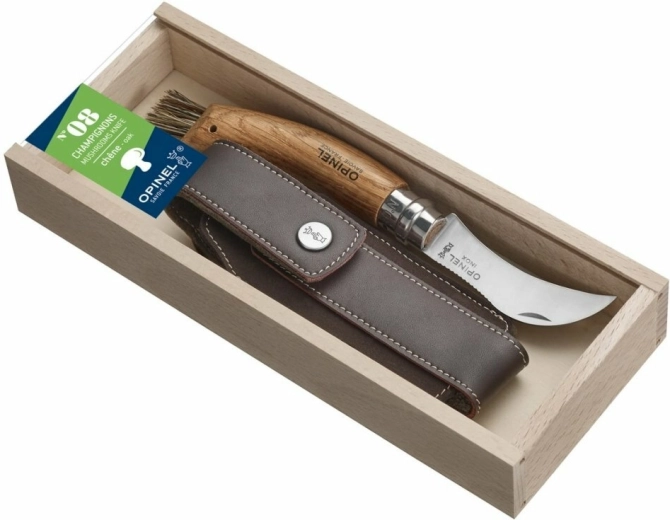 Opinel N°08 Inox gombaszedő zsebkés, tölgy, bőrtok, díszdoboz