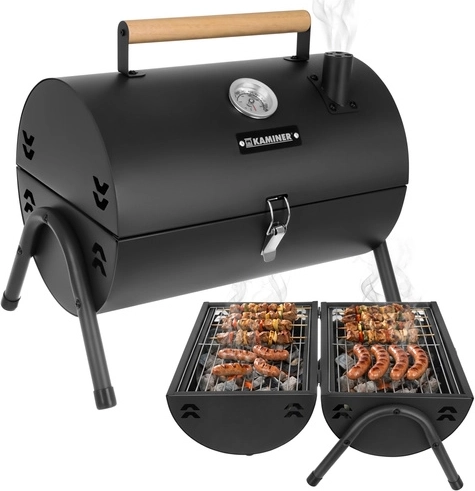 Hordozható kerti faszenes grill fedéllel és hőmérővel KAMINER