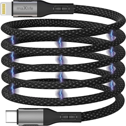 Maxlife mágneses USB-C – Lightning kábel 1 m, 27 W, nylon, fekete