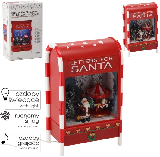 Karácsonyi postaláda LED-del, zenével és körhintával, piros, 25 × 15 × 40 cm