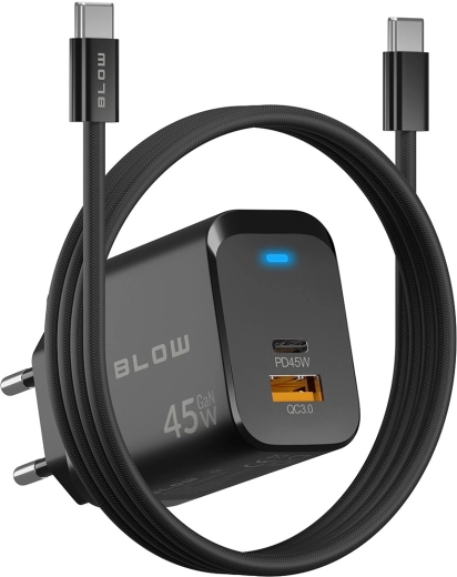 BLOW GaN hálózati töltő 45 W (USB-C PD + USB-A QC 3.0) USB-C–USB-C kábellel