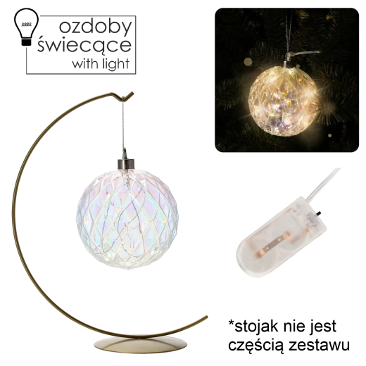 Üveg függődísz LED-del, geometrikus minta, 10 cm átmérő