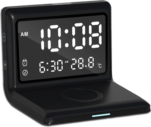 3 az 1-ben digitális ébresztőóra 15 W vezeték nélküli töltéssel és hőmérővel, tükrözött kijelző