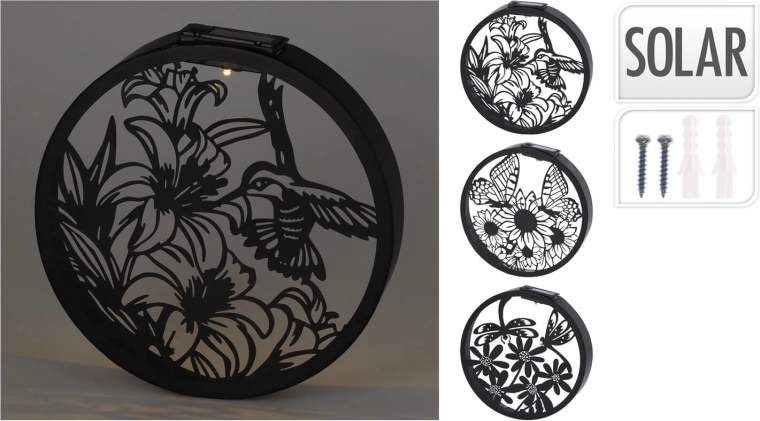 Napelemes falra szerelhető LED dekoráció, kör, fém, fekete/arany, 25 cm