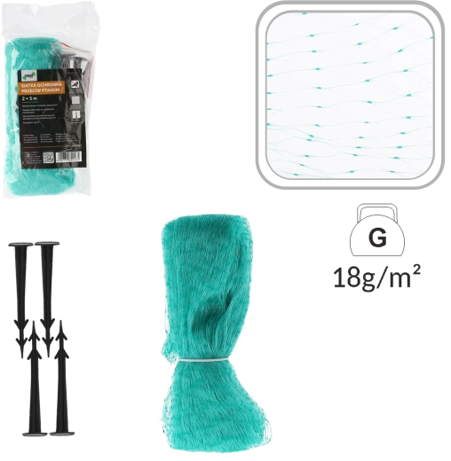 Madárháló 2 × 5 m, zöld + 4 rögzítő cövek