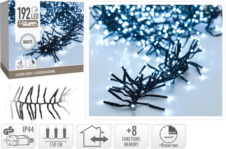 Karácsonyi LED fényfüzér 1,5 m, 192 LED, hideg fehér, 8 funkció időzítővel