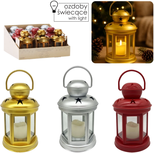 Dekoratív LED lámpás 19 cm – ezüst, arany és piros