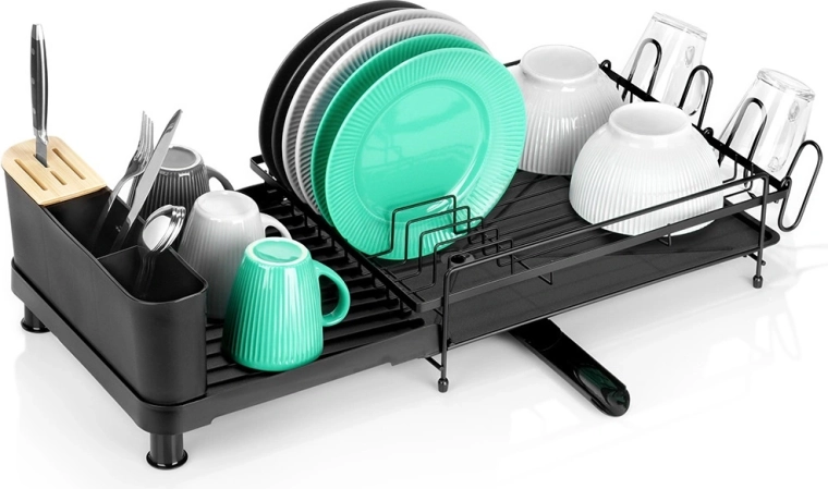 Kihúzható fém edényszárító csepegtetőtálca, fekete, 48–70 × 32,5 × 18 cm