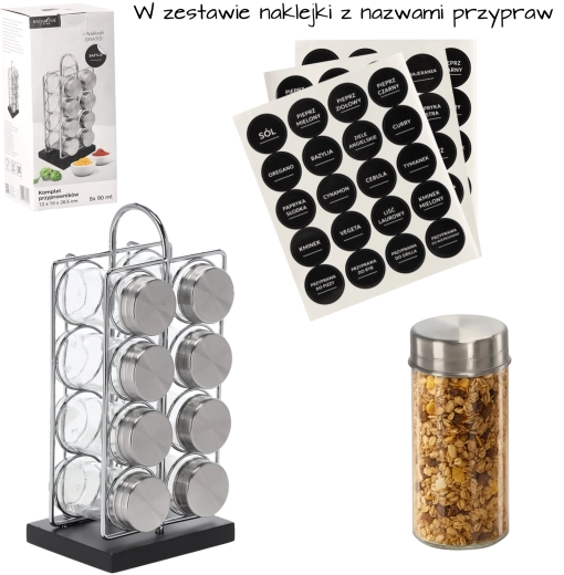 Téglalap alakú fűszertartó állvány fogantyúval és 8 üveggel, ezüst–fekete, 12 × 10 × 26,5 cm