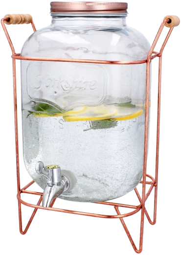 5 l-es üveg italadagoló csappal és fém állvánnyal