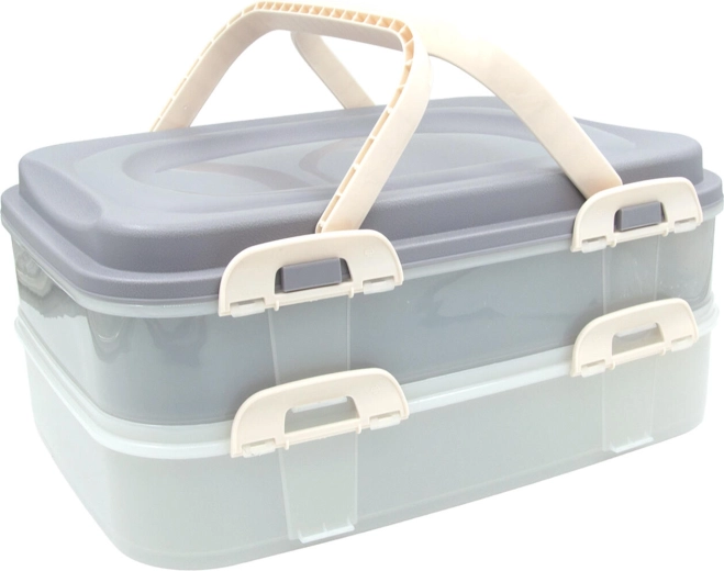 Két szintes élelmiszertároló doboz fogantyúval, 40 × 30 × 18 cm, latte
