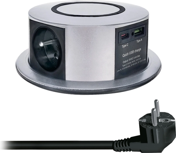 Solight kihúzható asztallapba süllyeszthető konnektorblokk 3× 230 V + USB-A/USB-C PD 20 W, Qi vezeték nélküli töltéssel 10 W, 2 m, ezüst