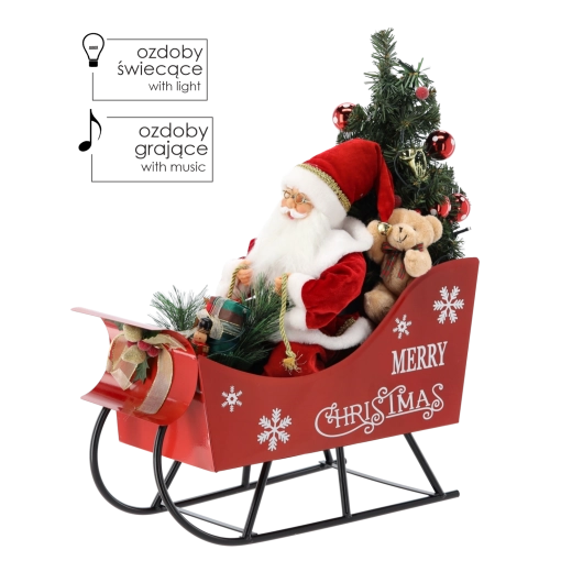 Mikulás szánkón, karácsonyfával, LED-del és dallamokkal, 60 cm