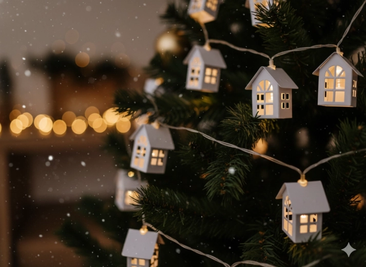 LED fényfüzér fém házikókkal, 10 világítás, elemes