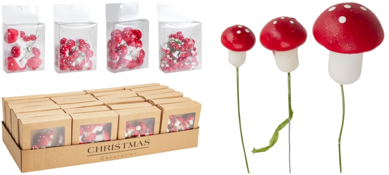 Dekoratív gombák dróton, piros, 8 cm