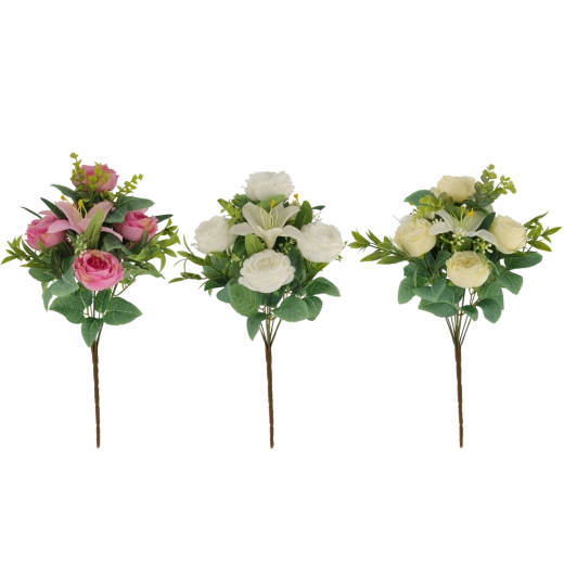 Mű rózsa- és liliomcsokor 43 cm, vegyes színekben