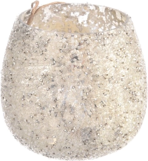 Üveg mécsestartó gyöngyökkel, ezüst színben, 7 × 7 × 8 cm