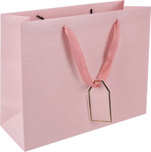 Rózsaszín díszített ajándék papírtáska dombornyomott szívecskékkel 31 × 12 × 26 cm