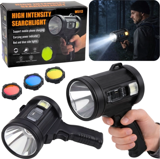 Napelemes LED kézi reflektor 800 lm powerbankkal és cserélhető szűrőkkel