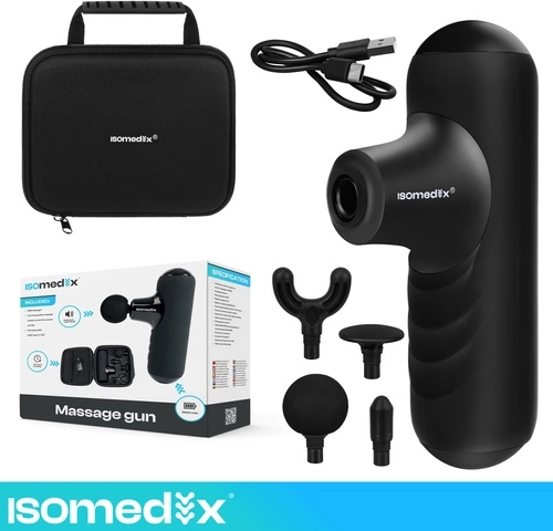 Isomedix mini masszázspisztoly 5 üzemmóddal, 4 fejjel és tokban