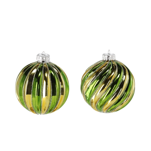 Zöld‑arany üveg karácsonyi gömb, 8 cm