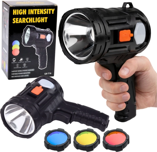 napelemes LED kézi reflektor 6 üzemmóddal és cserélhető szűrőkkel, 19 cm