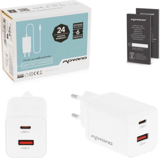 Movano GaN 45 W USB‑C PD + USB‑A hálózati töltő, fehér
