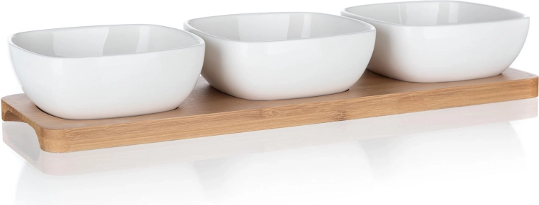BRILLANTE porcelán szervírozó tálkakészlet bambusztálcán, 3 tálka
