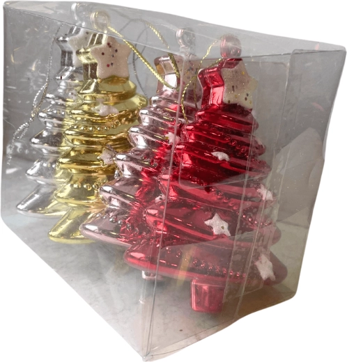 Karácsonyfadíszek, fenyőfa alakú, 11 cm, törhetetlen, vegyes színek – 4 darabos készlet