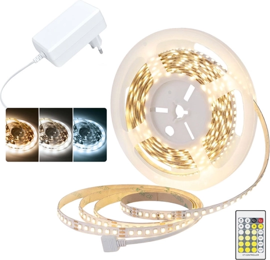 Solight LED fénycsík 3CCT 5 m, 12 V-os adapterrel és távirányítóval