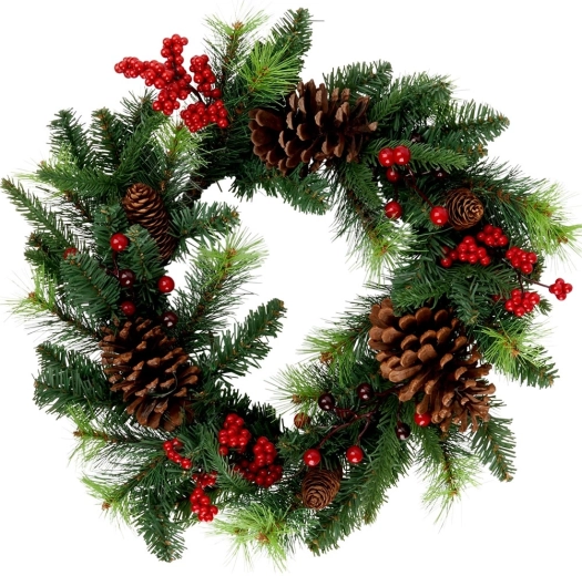 Karácsonyi koszorú 45 cm tobozokkal és piros bogyókkal