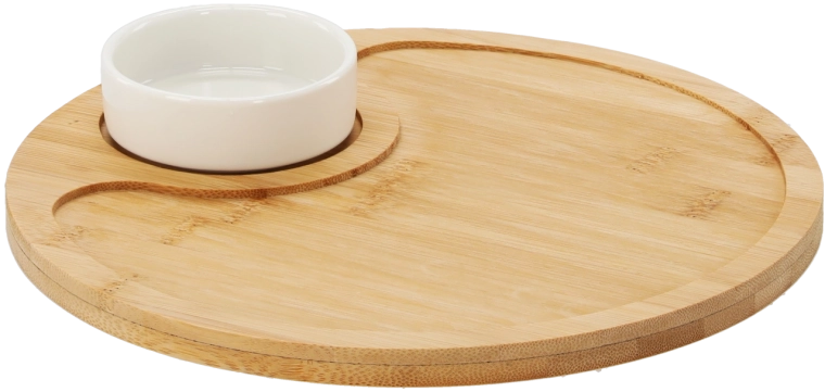 Bambusz szervírozó tálca porcelán tálkával 25 cm