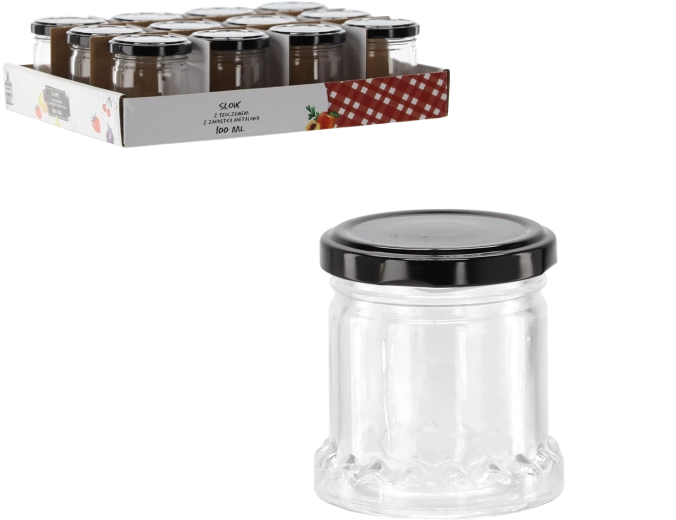 100 ml-es üveg domborítással és fekete fém tetővel