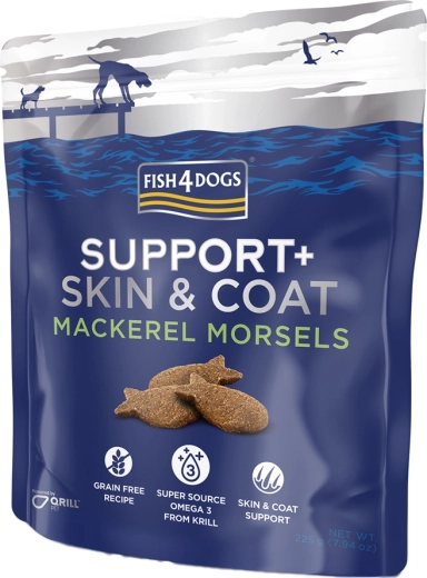 Fish4Dogs jutalomfalatok kutyáknak Support+ szőrzet és bőr makréla 225 g