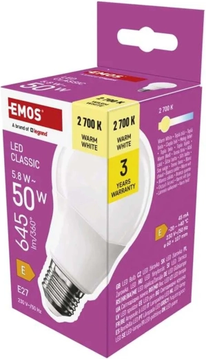 LED Classic A60 E27 izzó, 5,8 W, meleg fehér