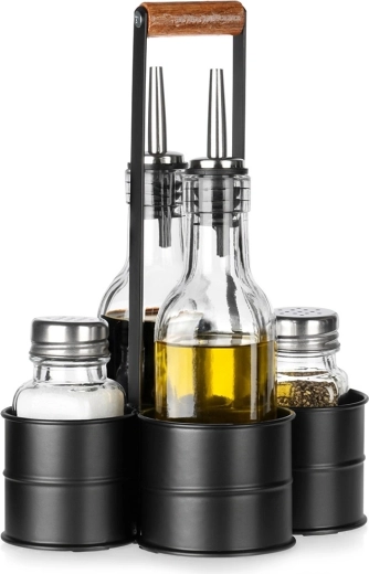 Olaj- és ecetszett só- és borsszóróval, állvánnyal, 5 részes