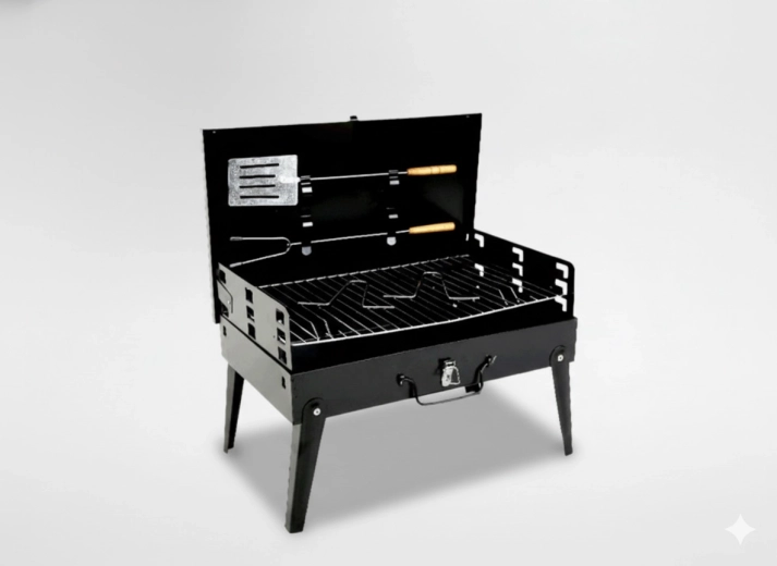 Összecsukható, bőrönd alakú túragrill evőeszközökkel 43 × 26,5 × 46,5 cm