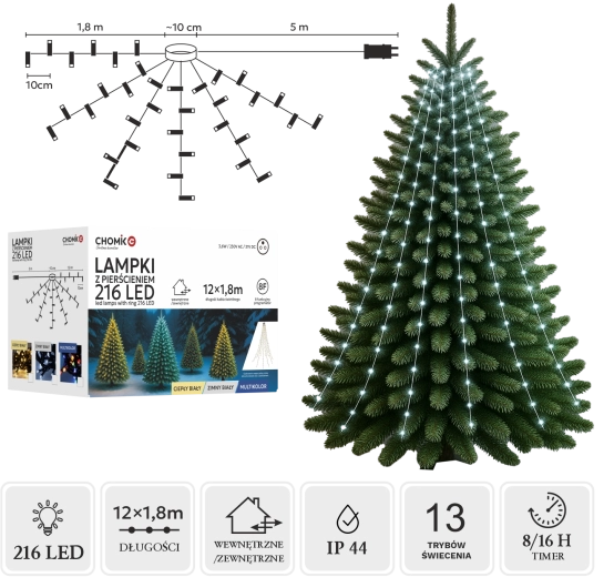 LED fényfüzér gyűrűvel, 1,8 m, 216 LED, hideg fehér, beltér/kültér